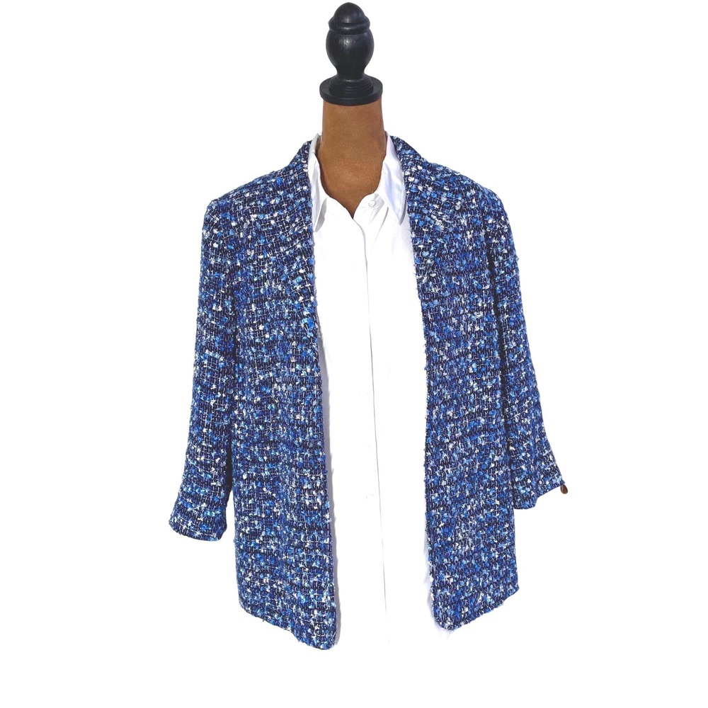 Alfred Dunner Womens‎ Blue Tweed Open Front Blazer Jacket Size 12 3/4 Sleeve
